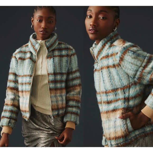 Anthropologie Jackets & Blazers - Anthropologie Blue and Brown Plaid Bomber Jacket